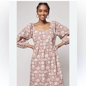 Faherty Floral Long Sleeve Dress in Cream and Tan